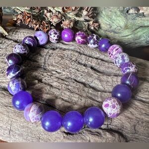 Purple Jasper & Amethyst Natural Stones Bracelet Unisex Stretchy Beaded 8mm 17.6